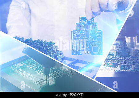 Collage di schede per computer con effetti visivi in un stile futuristico. Il concetto moderno e le tecnologie del futuro Foto Stock