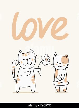 Paio di vettore di Cute cats con fiore. Cartoon flat amore animale illustrazione Illustrazione Vettoriale