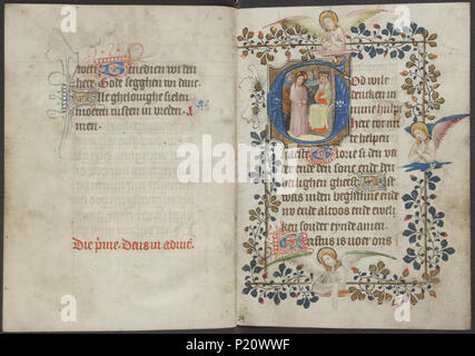 . Libro d Ore dal maestro di Zweder van Culemborg - KB 79 K 2 - folio 073v (sinistra) e 74r (destro) . Lato sinistro folio 073v e destra folio 74r dal libro di ore dal maestro(s) di Zweder van Culemborg luminarie sulla destra folio 74r l'iniziale historiated mostra Cristo davanti a Pilato romano; script script basati sull'alfabeto romano (g) (49L12(G)) Historiated iniziale (49L171) Cristo davanti a Ponzio Pilato (Matteo 27:11-26; Marco 15:2-15; Luca 23:2-7, 23:13-25; Giovanni 18:28 - 19:16) (73D323) . tra circa 1430 e circa 1435 33 Libro d Ore dal maestro di Zweder Foto Stock