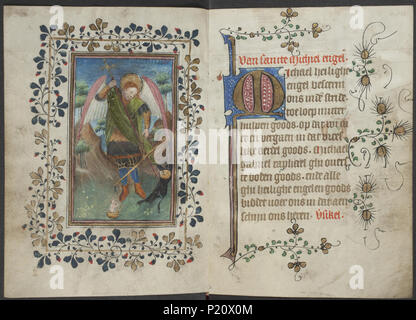 . Libro d Ore dal maestro di Zweder van Culemborg - KB 79 K 2 - folio 106v (sinistra) e 107R (destro) . Lato sinistro folio 106v e destra folio 107r dal libro di ore dal maestro(s) di Zweder van Culemborg luminarie sulla sinistra folio 106v i a piena pagina mostra in miniatura San Michele pesa le anime in scale e trafigge il diavolo Psychostasis, l'arcangelo Michele pesa le anime in scale (e che trafigge il diavolo) (11G1831) . tra circa 1430 e circa 1435 33 Libro d Ore dal maestro di Zweder van Culemborg - KB 79 K 2 - folio 106v (sinistra) e 107R (righ Foto Stock