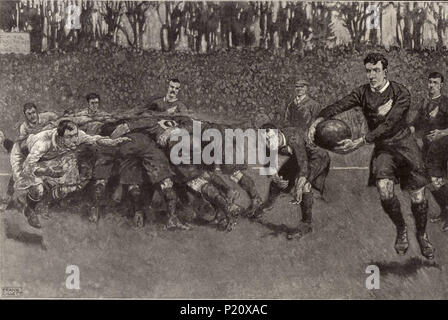 . Inglese: raffigurazione di un pacchetto di mischia durante una partita l'originale All Blacks e Inghilterra squadre di rugby nel 1905. Tutto nero capitano Dave Gallaher, vestita di nero in corrispondenza del lato opposto della scrum, possono essere chiaramente identificati. 1905, dicembre 9th. Dipinto da Frank Gillett (firmato) - morì nel 1927. 117 Inghilterra vs allblacks Gillett 1905 Foto Stock