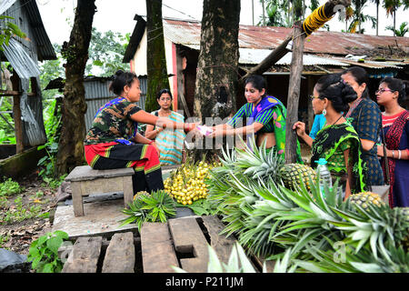 Agartala, Tripura, India. Xiii Giugno, 2018. Lavoratori di salute sono la distribuzione libera assorbenti igienici per le donne tribali e le ragazze e spiegare loro la necessità di utilizzarlo in un accampamento di salute.Man donne locali non sono utilizzando assorbenti igienici in quanto sono troppo costosi per loro di permettersi. Credito: Abhisek Saha/SOPA Immagini/ZUMA filo/Alamy Live News Foto Stock