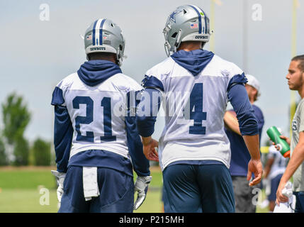 Giugno 13, 2018: Dallas Cowboys running back Ezechiele Elliott #21 e Dallas Cowboys quarterback Dak Prescott #4 durante la formazione obbligatoria camp a stella in Frisco, TX Albert Pena/CSM Foto Stock
