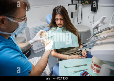 Medico professionale il processo di dimostrazione di denti sani la spazzolatura di giovane donna seduto in poltrona. Foto Stock