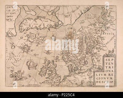 . Norsk bokmål: Kart fra Nasjonalbibliotekets kartsamling. Kartet er gitt ut i () og viser Nordområdene, Skandinavia, Norden. Data sconosciuta. Ortelius, Abramo 287 Septentrionalium regionum descri. - No-nb krt 00803 Foto Stock