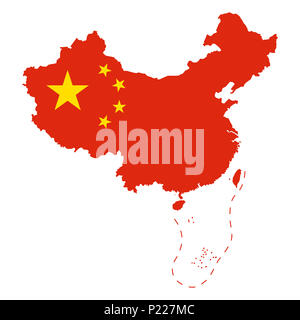 Bandiera della Cina nel paese contorno. Area controllata da parte della Repubblica popolare cinese, PRC e rivendicato ma regioni incontrollato. Cinque stelle di bandiera rossa. Foto Stock