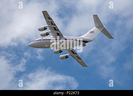 Volare fuori della RAF Lossiemouth è ZE701 British Aerospace più aerei in partenza per RAF Northolt in Greater London. Foto Stock