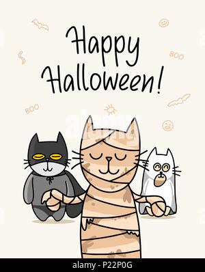 Tre bambini cat celebra happy Halloween giorno. Funny cartoon vettore piatta illustrazione degli animali Illustrazione Vettoriale