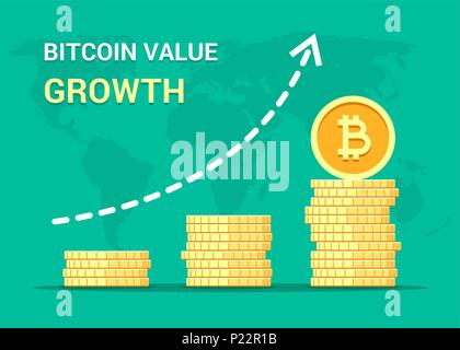 Valore Bitcoin concetto di crescita illustrazione. Pile di vettore d'oro monete piatta Illustrazione Vettoriale