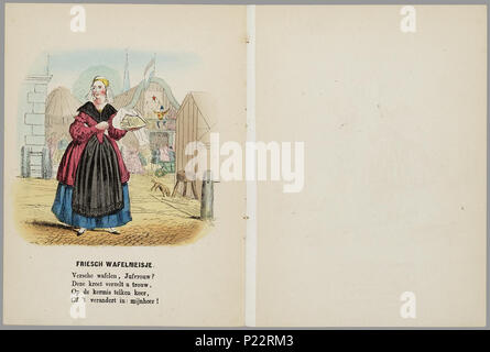 . Nederlandsche kleederdragten : nieuw prentenboek voor de jeugd - deel 1. Prentenboek incontrato 8 afbeeldingen van beroepen, een weesmeisje en een bruid; incontrato daaronder 4 regels rijmende tekst. Er è ook een hondenwagen afgebeeld. Op de titelpagina zijn de wapens van Nederland en 11 provinciën weergegeven, incontrato gouddruk en handgekleurde sierrand. Dl. 1 // 9 bl : handgekl. lith ; 18 cm // Datering: Brinkman meldt: 1e afl. post 8o incontrato gekl. pl. f 0,25 nel 1857 // Op de voorkant è vermeld: D. van Lier, steendrukker kunstplaatkleurder, Raamstraat n. 177 te 's Hage Gedeponeerd // De keerzijde der bladen Foto Stock