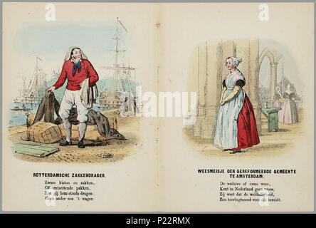. Nederlandsche kleederdragten : nieuw prentenboek voor de jeugd - deel 1. Prentenboek incontrato 8 afbeeldingen van beroepen, een weesmeisje en een bruid; incontrato daaronder 4 regels rijmende tekst. Er è ook een hondenwagen afgebeeld. Op de titelpagina zijn de wapens van Nederland en 11 provinciën weergegeven, incontrato gouddruk en handgekleurde sierrand. Dl. 1 // 9 bl : handgekl. lith ; 18 cm // Datering: Brinkman meldt: 1e afl. post 8o incontrato gekl. pl. f 0,25 nel 1857 // Op de voorkant è vermeld: D. van Lier, steendrukker kunstplaatkleurder, Raamstraat n. 177 te 's Hage Gedeponeerd // De keerzijde der bladen Foto Stock