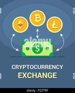 Tre cryptocurrencies Bitcoin, Litecoin Ethereum e funzionamento di Exchange. Vettore crypto piatta illustrazione moderna Illustrazione Vettoriale