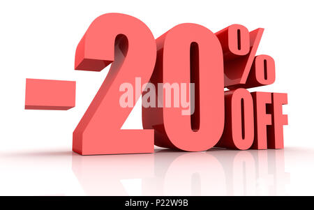 20% di sconto , questo è un rendering 3d generate computer immagine. Isolato su bianco. Foto Stock