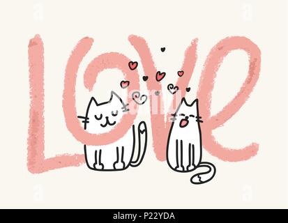Due simpatici gatti di cantare una canzone d'amore. Cartoon funny vettore illustrazione piatta Illustrazione Vettoriale