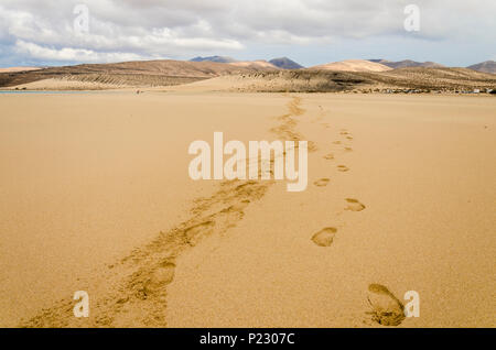 Impronte sulla sabbiosa spiaggia di Sotavento Fuerteventura Isole Canarie con una gamma di montagna e il cielo in tempesta Foto Stock