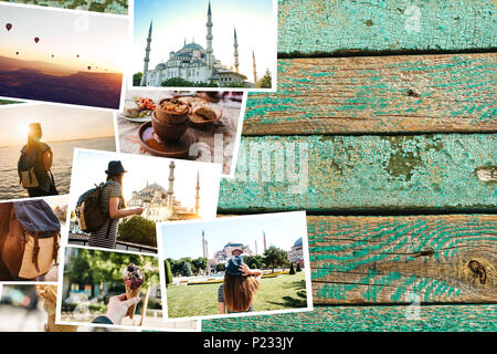 Un sacco di immagini sulla superficie di legno. I ricordi di viaggio di Turchia incluse Istanbul e Cappadocia. Accanto alle foto è un posto per il testo Foto Stock