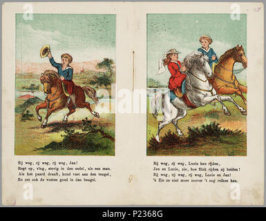 . De dierenvrienden / met zes gekleurde plaatjes. Prentenboekje incontrato zes gekleurde litho incontrato vierregelige versjes eronder oltre spelen met de poes, drie maal oltre spelen met een hond en twee maal oltre paardrijden. 6 bl : gekl. litho // De keerzijde der bladen è onbedrukt // Datering: niet in Brinkman, uitgever werkzaam van 1855-1878; schatting Vriendschap met dieren // Rijmvertellingen // Prentenboeken . PRB01 120626640 004, 27-02-2006, 08:27, 8C, 3328x2726 (984+2614), 100%%%%, Prentenboeken, 1/100 s, R47.0, G28.4, B36.9 75 De dierenvrienden - PPN 120626640 - Immagine 4 Foto Stock