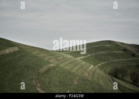 Due colline di una catena montuosa, prato, cielo nuvoloso, estati Foto Stock