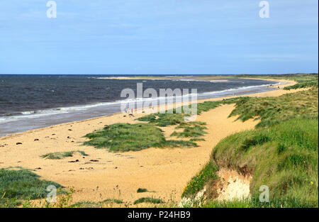 Old Hunstanton, spiaggia, sabbia, dune, Mare del Nord, costa, alta marea, Norfolk, Inghilterra, Regno Unito Foto Stock