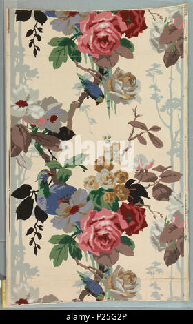 . Inglese: fianco (Inghilterra), ca. 1910 . Inglese: su uno sfondo bianco un dipinto liberamente, audace design di rami di rose, cuscinetto grigio rosso e fiori di colore giallo e verde, marrone e nero fronde su cui sedersi un piccolo finch e una maggiore partridge-come un uccello. In Sfondo grigio sagome di rami e fronde. Ripetere diritta, mezza goccia corrispondono. . Circa 1910 288 fianco (Inghilterra), ca. 1910 (CH) 18412075 Foto Stock