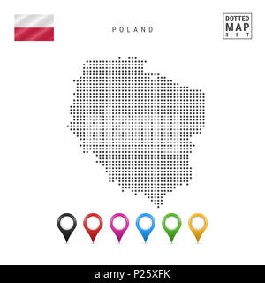 Mappa punteggiata di Polonia. Semplice Silhouette della Polonia. La bandiera nazionale della Polonia. Insieme multicolore i marcatori mappa. Illustrazione isolato su bianco Backgr Foto Stock