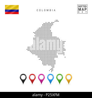 Mappa punteggiata di Colombia. Semplice Silhouette della Colombia. La Bandiera Nazionale della Colombia. Insieme multicolore i marcatori mappa. Illustrazione isolato su bianco Foto Stock