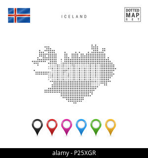 Mappa punteggiata di Islanda. Semplice silhouette dell'Islanda. La bandiera nazionale di Islanda. Insieme multicolore i marcatori mappa. Illustrazione isolato su bianco Bac Foto Stock