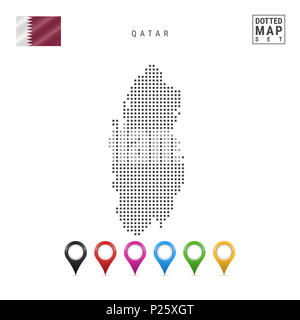 Mappa tratteggiata del Qatar. Semplice Silhouette del Qatar. La bandiera nazionale del Qatar. Insieme multicolore i marcatori mappa. Illustrazione isolato su bianco Backgroun Foto Stock