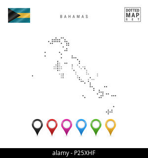 Mappa punteggiata di Bahamas. Semplice Silhouette delle Bahamas. La bandiera nazionale delle Bahamas. Insieme multicolore i marcatori mappa. Illustrazione isolato su bianco Bac Foto Stock