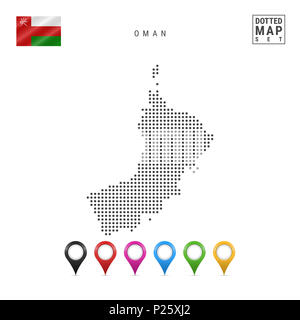 Mappa punteggiata di Oman. Semplice Silhouette di Oman. La bandiera nazionale di Oman. Insieme multicolore i marcatori mappa. Illustrazione isolati su sfondo bianco. Foto Stock