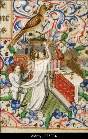 . La Messa di San Martino Vescovo di Tours - miniatura di folio 080rfrom Libro d Ore di Simon de Varie - KB 74 G37 . La Messa di San Martino Vescovo di Tours - miniatura di folio 080r dal Libro d Ore di Simon de Varie - KB 74 G37 Gli argomenti illustrati in questa miniatura della massa di st. martin: martin è mostrato di celebrare la messa in un malato-montaggio smock, dopo aver dato il suo pianeta a un mendicante bisognosi; nella chiesa all'altare, una palla di fuoco scende sulla sua testa e angeli coprire le sue braccia con manicotti di oro e di pietre preziose (+ variante) (11H(MARTIN)51(+0)) 'elevatio', che mostra il sacro ho Foto Stock