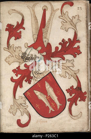 . Nederlands: Chini - Chiny - Folium 23r van het Wapenboek Nassau-Vianden uit de collectie van de Koninklijke Bibliotheek. Inglese: Chini - Chiny - Folium 23r dal Nassau-Vianden armorial dalla collezione della Biblioteca nazionale dei Paesi Bassi. . Nederlands: Maria van Loons betovergrootvader Godfried van Heinsberg (1298-1331) è stato incontrato getrouwd Machteld van Loon-Chiny (ca. 1282-1307). De graven van Loon verwierven het graafschap Chiny - in het huidige Luxemburg en Noord-Frankrijk - porta huwelijk in het begin van de dertiende eeuw. In de veertiende eeuw raakten zij het weer kwijt. . Foto Stock