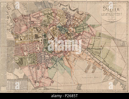 . Grundriss von Berlin von neuem aufgenommen und mit der Genehmigung Königl. Academie der Wissenschaften herausgegeben v. J. C. Selter. Gestochen von C. Mare. Neue Auflage 1811.. Deutsch: Der Titel steht rechts oben in einer ovalen Umrandung. Der Rahmen enthält Längen- und Breitengrade (nach Ferro) - die posizione des alten Observatoriums auf dem Marstall ist besonders hervorgehoben. In der inneren Rahmenleiste ist ein fortlaufender Maßstab eingebettet Die Teilstädte sind durch unterschiedliche Farben grafisch unterschieden. Bei diesem esemplare wurde links ein Papierstreifen mit einer Legende m Foto Stock