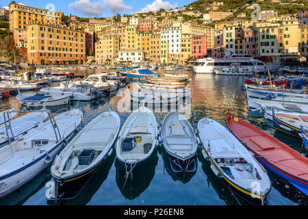 Il porto e il borgo di Camogli, la provincia di Genova, Liguria, Italia, Europa. Foto Stock