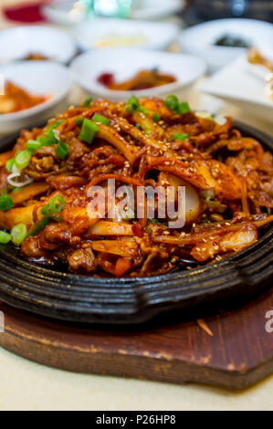 Il coreano stirfried Jaeyook Bokkeum saltate in padella la spalla di maiale con lo scalogno e tofu solido Foto Stock