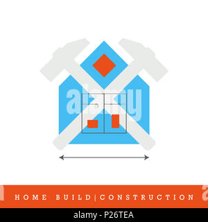 Home Costruire, Costruzione linea piatta icona. Rosso e blu in stile piatto illustrazione plus Thin Line layout della stanza e la dimensione delle linee. Foto Stock