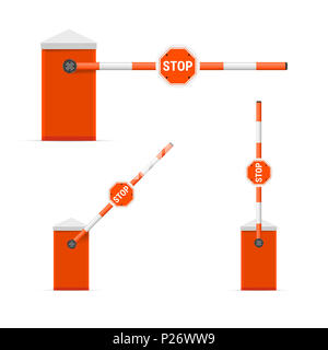 Aperto e Chiuso per auto Set Barriera isolata su sfondo bianco. Realistico illustrazione dettagliata di una rossa e bianca a strisce barriera di auto con il segnale di arresto. , Foto Stock