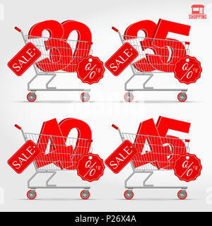 Realistico Carrello per supermercati con 3D vendita percentuale i numeri. Shopping, concetto di sconto. 30 - 35 - 40 - 45 percento di sconto. Foto Stock