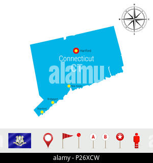 Connecticut Mappa isolati su sfondo bianco. Silhouette dettagliata dello stato del Connecticut. Bandiera del Connecticut. 3D i marcatori mappa o puntatori, navigazione El Foto Stock