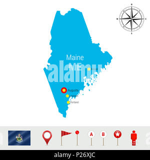 Maine Mappa isolati su sfondo bianco. Alta Silhouette dettagliata dello stato del Maine. Bandiera del Maine. 3D i marcatori mappa o puntatori, gli elementi di navigazione. Rose Foto Stock