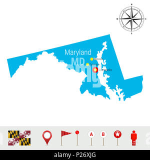 Maryland Mappa isolati su sfondo bianco. Alta Silhouette dettagliata dello stato del Maryland. Bandiera del Maryland. 3D i marcatori mappa o puntatori, Elemen Navigazione Foto Stock