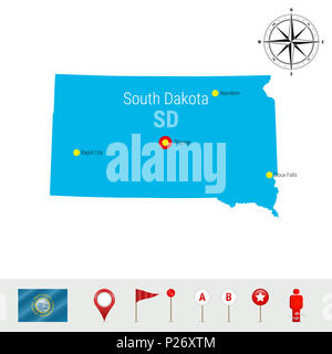 Dakota del Sud Mappa isolato su bianco. Alta Silhouette dettagliata del Sud Dakota Stato. Bandiera del Sud Dakota. 3D i marcatori mappa o puntatori, navigazione Eleme Foto Stock