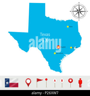 Mappa Texas isolati su sfondo bianco. Alta Silhouette dettagliata dello stato del Texas. Bandiera del Texas. 3D i marcatori mappa o puntatori, gli elementi di navigazione. Rose Foto Stock