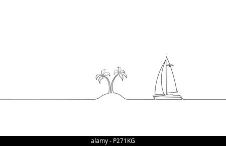 Unica e continua una linea tecnica ocean travel vacation. Viaggio sul mare vacanze isola tropicale nave yacht luxury isola palm tree viaggio concept design schizzo schizzo illustrazione vettoriale Illustrazione Vettoriale