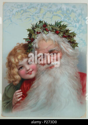 . Inglese: Chromolithograph stampa, poster pubblicitario per la profumeria trade, ca. 1898 . Inglese: un rettangolo verticale. Babbo Natale con holly nei suoi capelli; una giovane ragazza in verde si affaccia sulla sua spalla destra. Icy rami in alto. . Circa 1898 61 Chromolithograph stampa, poster pubblicitario per la profumeria trade, ca. 1898 (CH) 18458599 Foto Stock