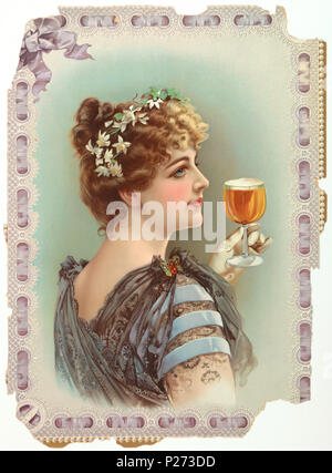 . Inglese: Chromolithograph stampa, poster pubblicitario per la birra, ca. 1898 . Inglese: un rettangolo verticale. Donna con fiori nei capelli e una farfalla pin sulla spalla del suo vestito, tiene un bicchiere di birra. Bordi stampati e goffrati per simulare un viola-nastro rivestito. . Circa 1898 61 Chromolithograph stampa, poster pubblicitario per la birra, ca. 1898 (CH) 18458585 Foto Stock