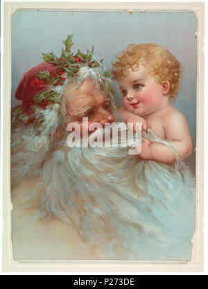 . Inglese: Chromolithograph stampa, poster pubblicitario, ca. 1898 . Inglese: un rettangolo verticale. Babbo Natale con cappuccio rosso e holly nei suoi capelli, guardando un bambino sulla sua spalla sinistra. . Circa 1898 61 Chromolithograph stampa, poster pubblicitario, ca. 1898 (CH) 18458601 Foto Stock