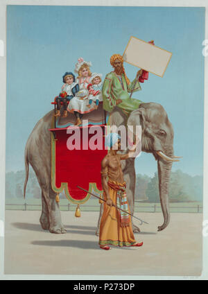 . Inglese: Chromolithograph stampa, poster pubblicitario, ca. 1898 . Inglese: un rettangolo verticale. Tre bambini cavalcare un elefante con un mahout che porta un cartello bianco. Un altro mahout in un lungi, portante un pungolo, conduce l'elefante dall'orecchio. . Circa 1898 61 Chromolithograph stampa, poster pubblicitario, ca. 1898 (CH) 18458593 Foto Stock