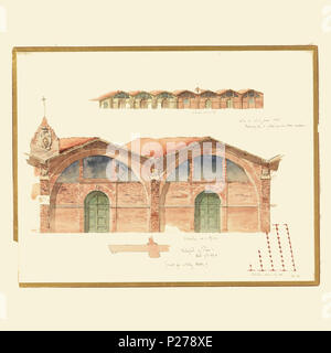 . Inglese: disegno, un magazzino del XVI secolo in Pisa, Italia, 7 ottobre 1890 . Inglese: sopra, vista in elevazione di una leggermente, obliquamente disposti uno in piani di otto campate, cinque delle quali contengono delle porte; centro, elevazione di due degli alloggiamenti di mattoni; un piedistallo con lo stemma dei Medici sorge su una lesena a sinistra; al di sotto di scala; sezione inferiore, un piano della parete accanto a una porta e di una parte del piano dell'edificio. . 7 Ottobre 1890 98 Disegno, un magazzino del XVI secolo in Pisa, Italia, 7 ottobre 1890 (CH) 18570613 Foto Stock