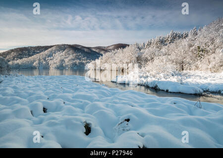 Il fiume e le foreste del Parco Nazionale dei Laghi di Plitvice in inverno, Plitvicka Jezera, Lika e Senj County, Croazia Foto Stock